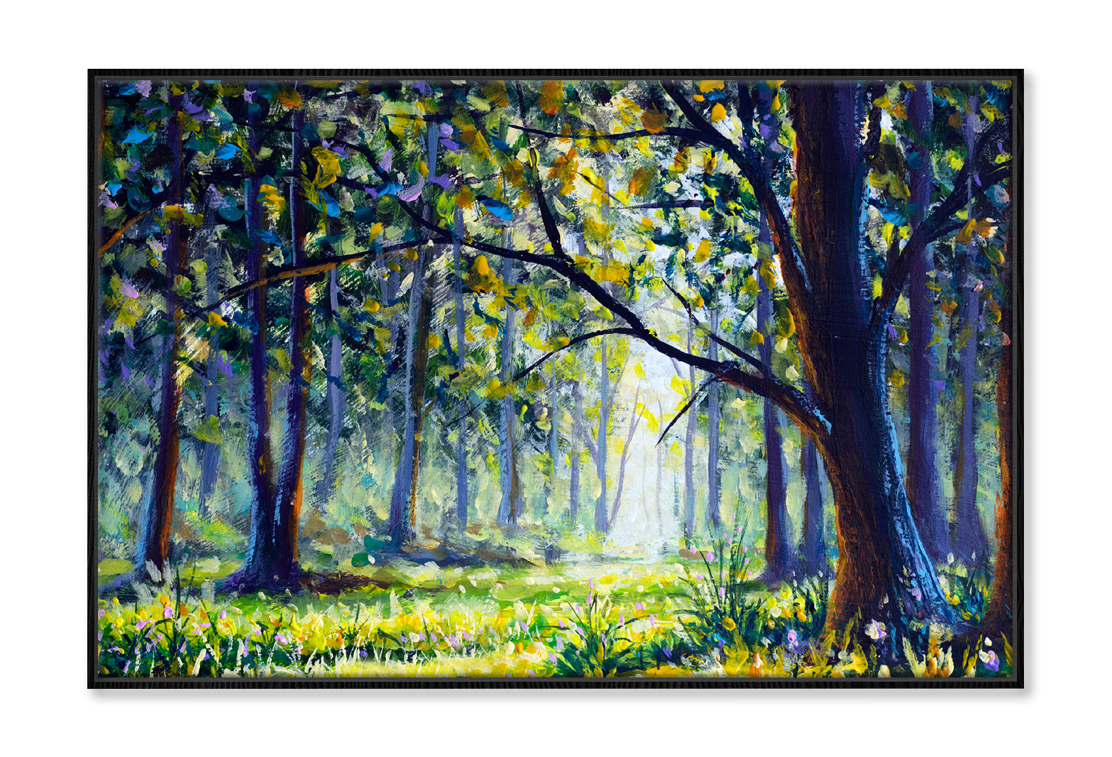 Sun Forest Green Trees Watercolor Painting Wall Art Limited Edition High Quality Print Canvas Box Framed Black