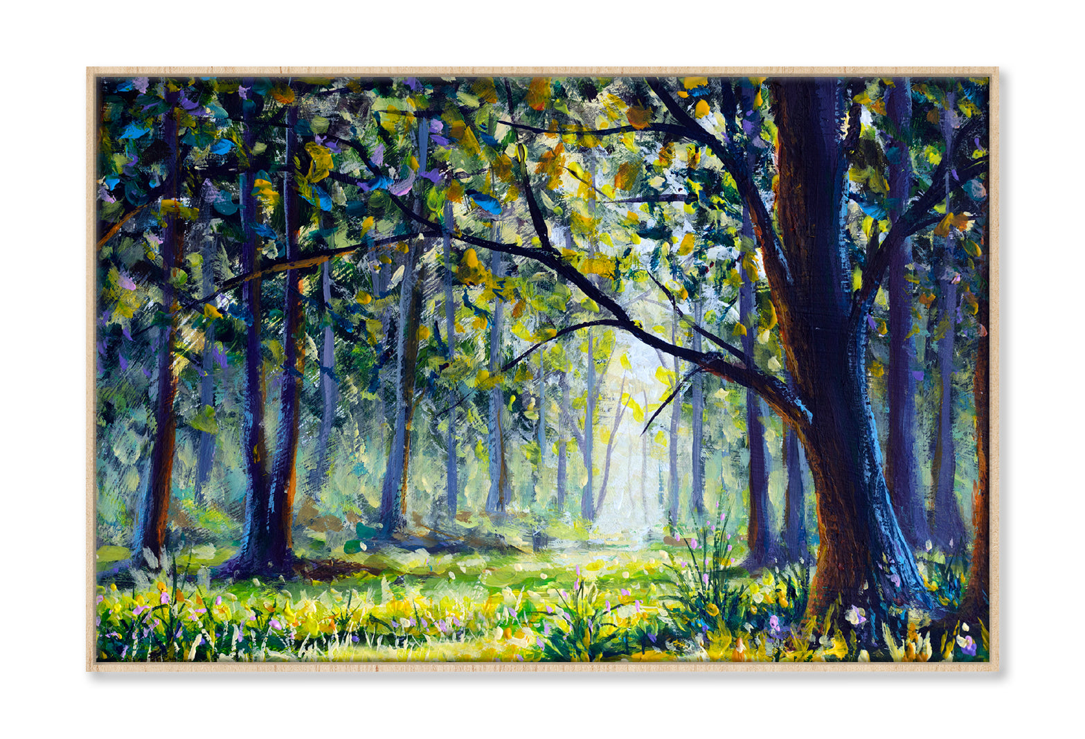 Sun Forest Green Trees Watercolor Painting Wall Art Limited Edition High Quality Print Canvas Box Framed Natural