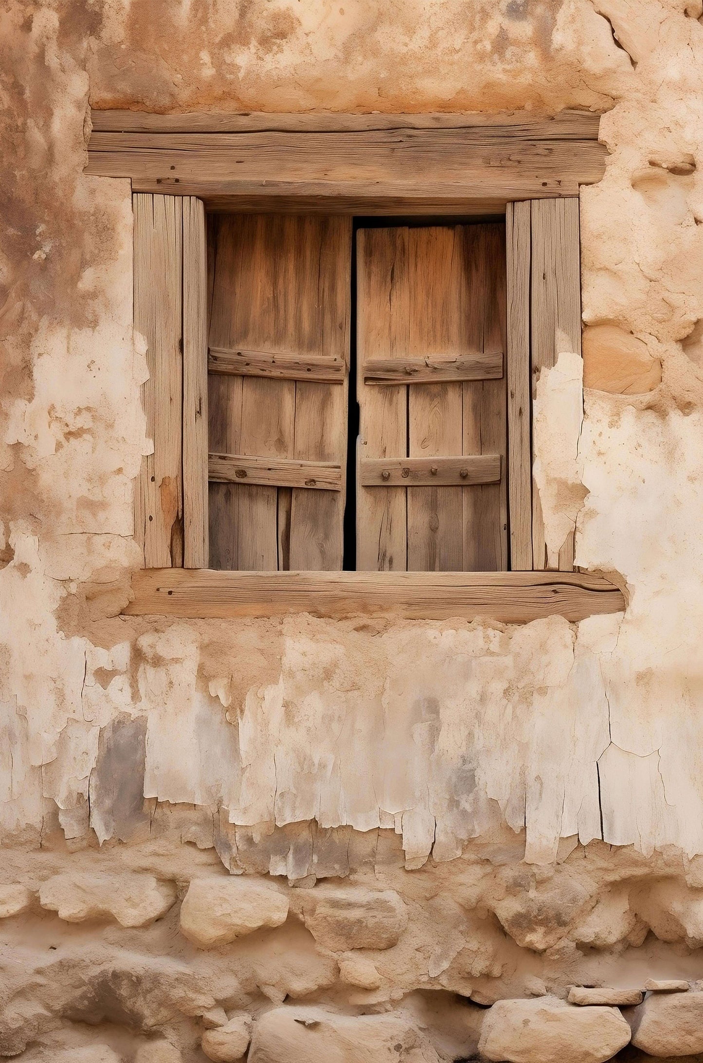 Rustic Wood Window Frame Antique Stone 40x60cm Metal Print Ready to Hang