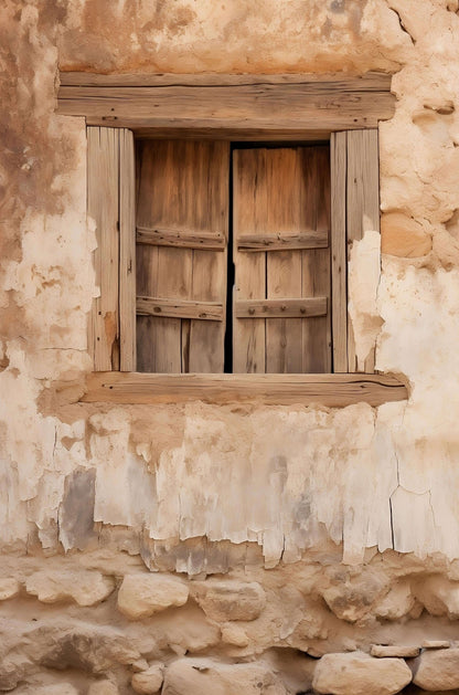 Rustic Wood Window Frame Antique Stone 40x60cm Metal Print Ready to Hang