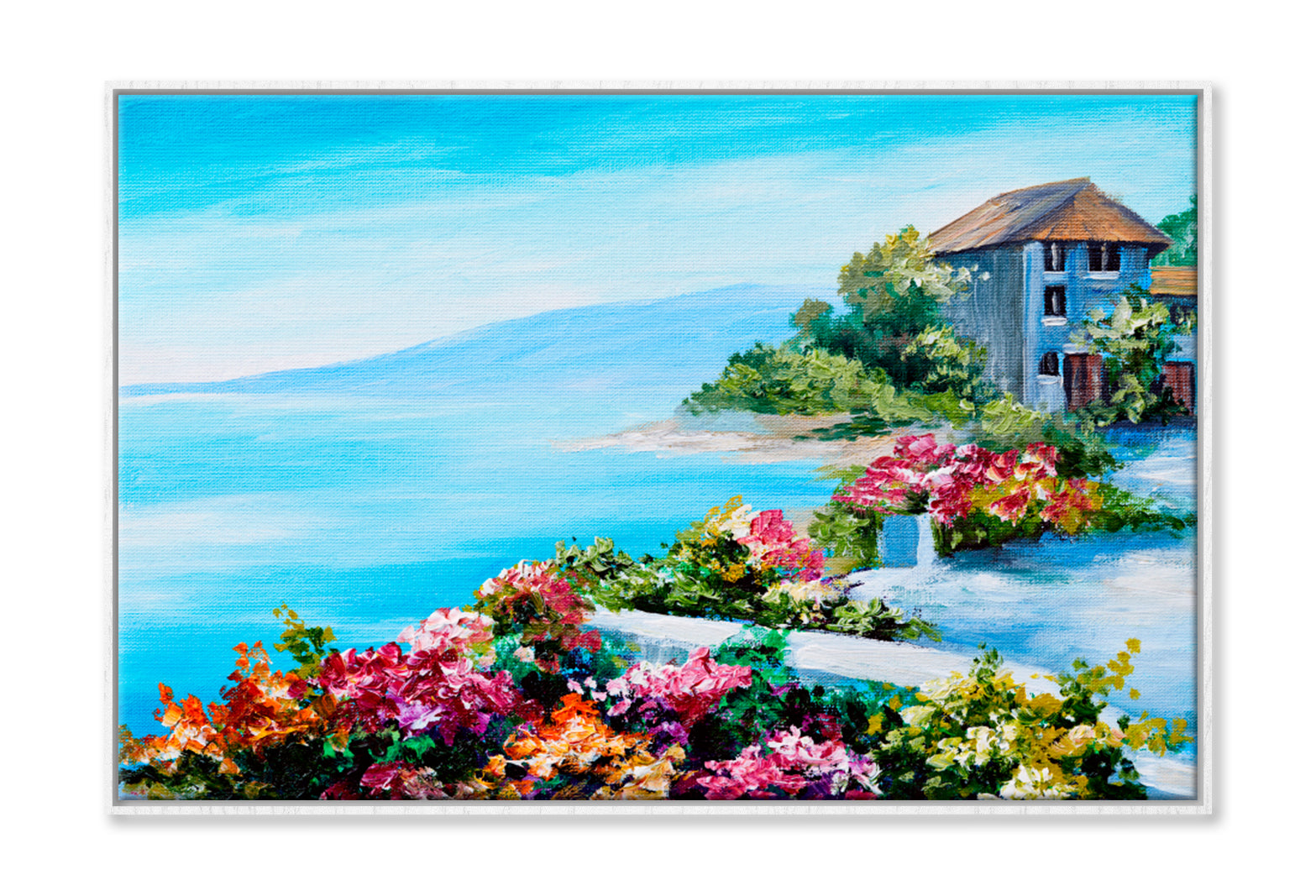 House Near The Sea, Sea Coast Oil Painting Limited Edition High Quality Print Canvas Box Framed White