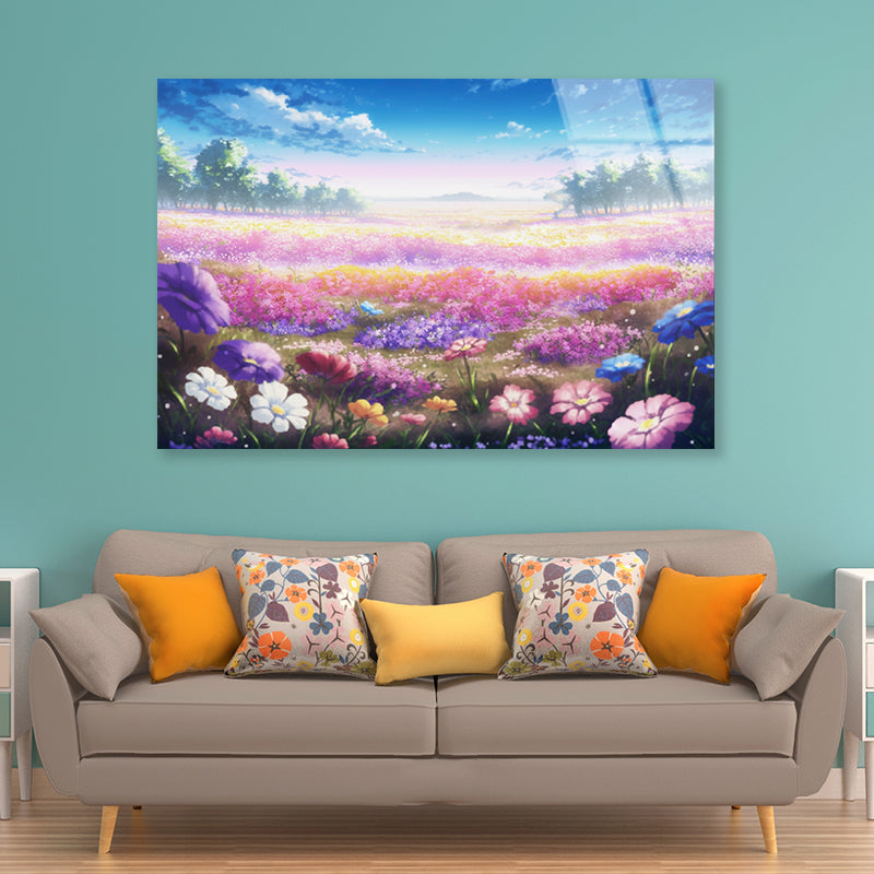 A Field of Purple & Violet Flowers under a Sky Acrylic Glass Print Tempered Glass Wall Art 100% Made in Australia Ready to Hang