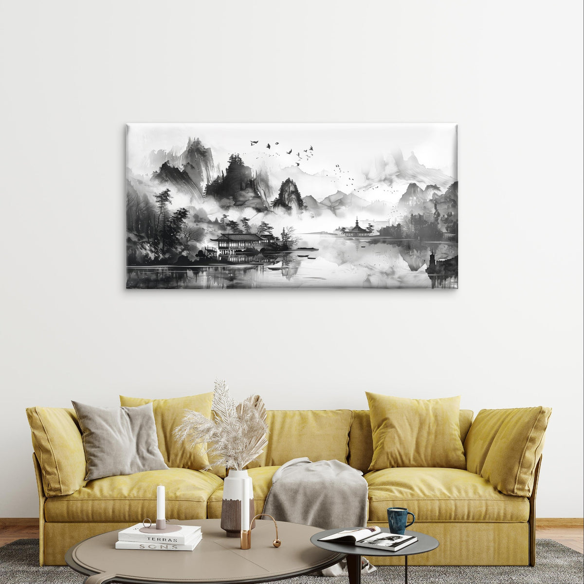Traditional Japanese Ink Wash Temple Painting Wall Art Canvas Office Home Framed 120x60cm