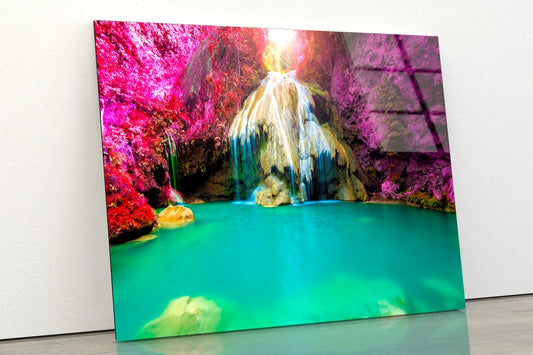 Wonderful Waterfall with Colorful Tree in Thailand Acrylic Glass Print Tempered Glass Wall Art 100% Made in Australia Ready to Hang - Bella Home Decor