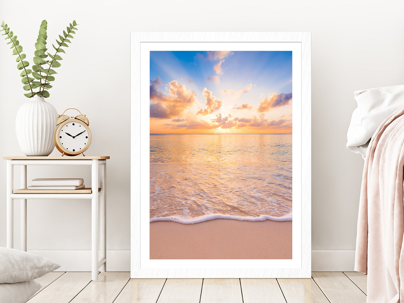 Sunset Sky Beach & Seawaves Photograph Glass Framed Wall Art, Ready to Hang Quality Print With White Border White