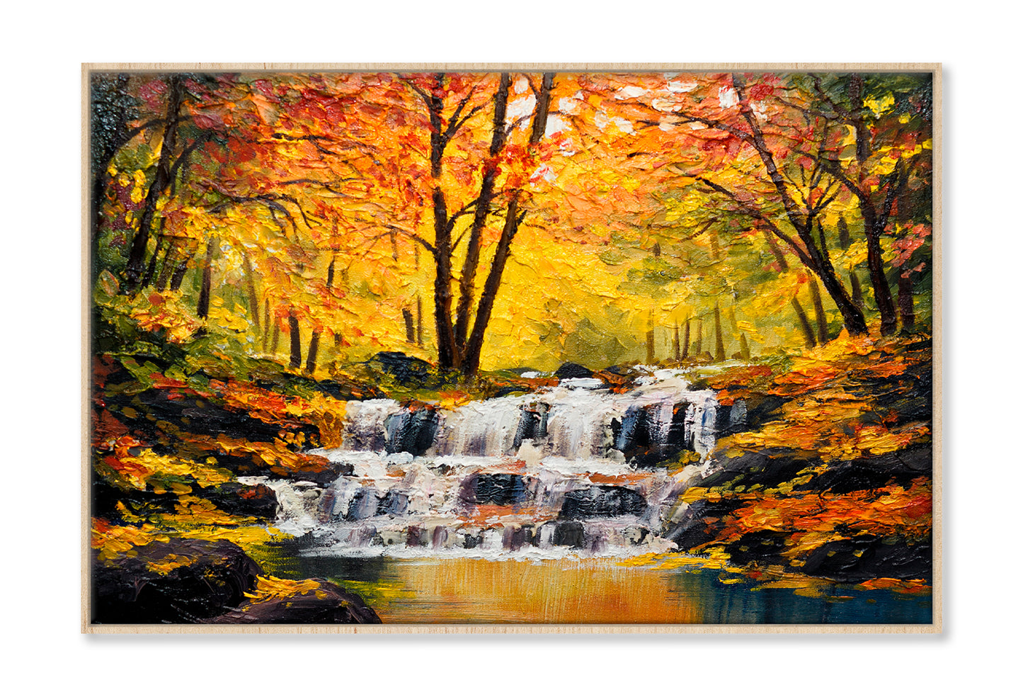 Waterfall In Autumn Forest Oil Painting Wall Art Limited Edition High Quality Print Canvas Box Framed Natural