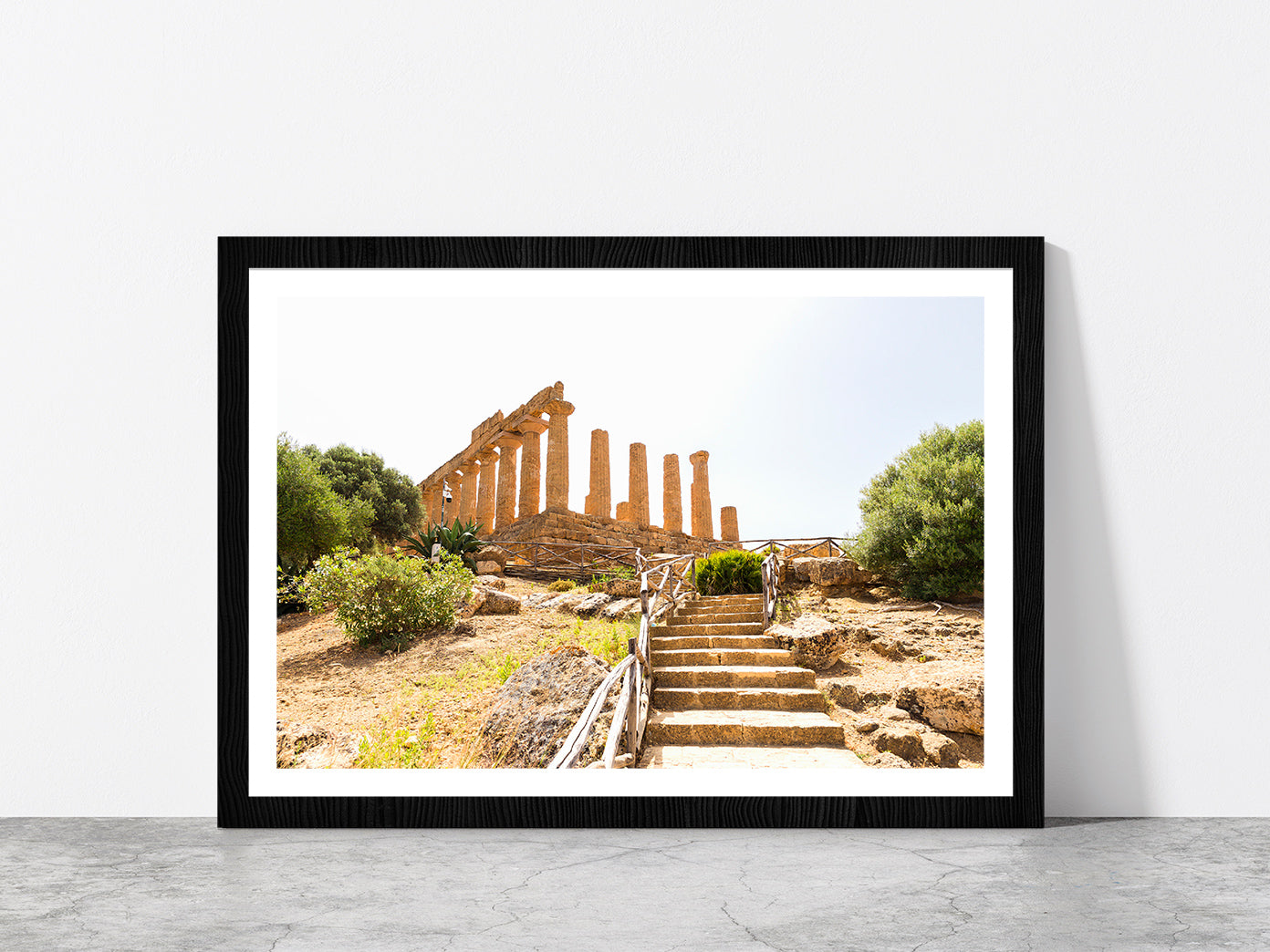 The Temple of Juno In Italy Glass Framed Wall Art, Ready to Hang Quality Print With White Border Black