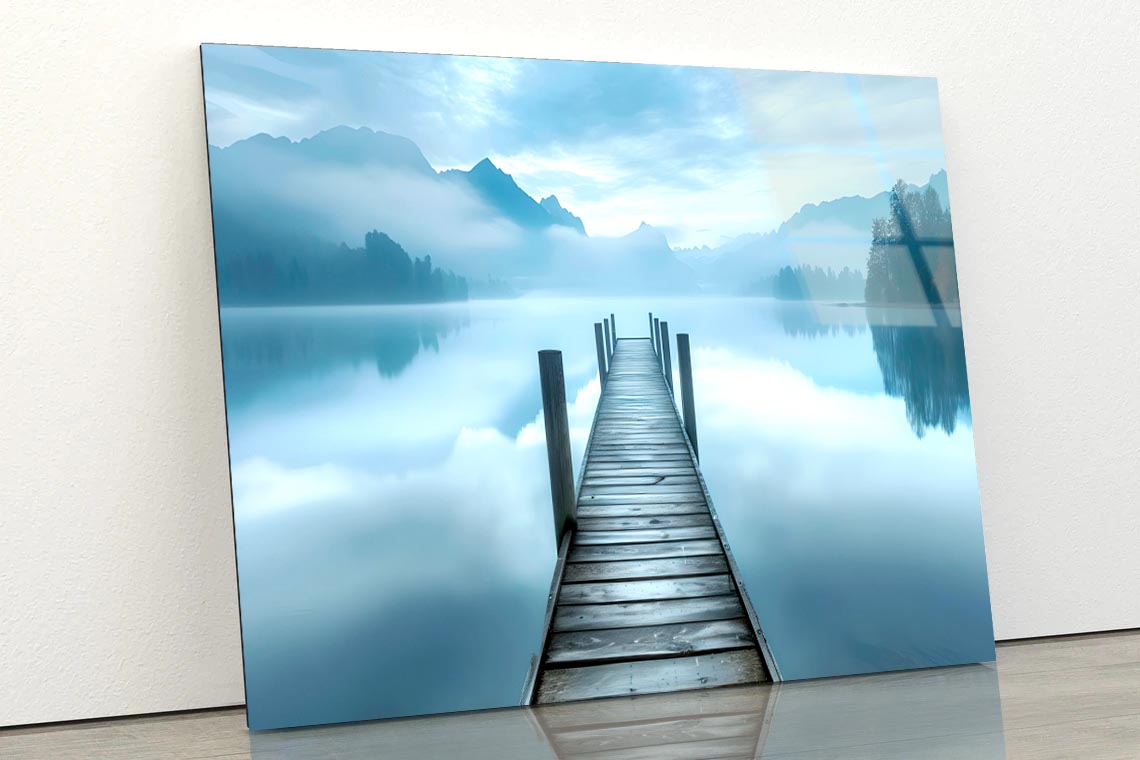 Dock On a Lake with Mountains in The Background  Acrylic Glass Print Tempered Glass Wall Art 100% Made in Australia Ready to Hang - Bella Home Decor