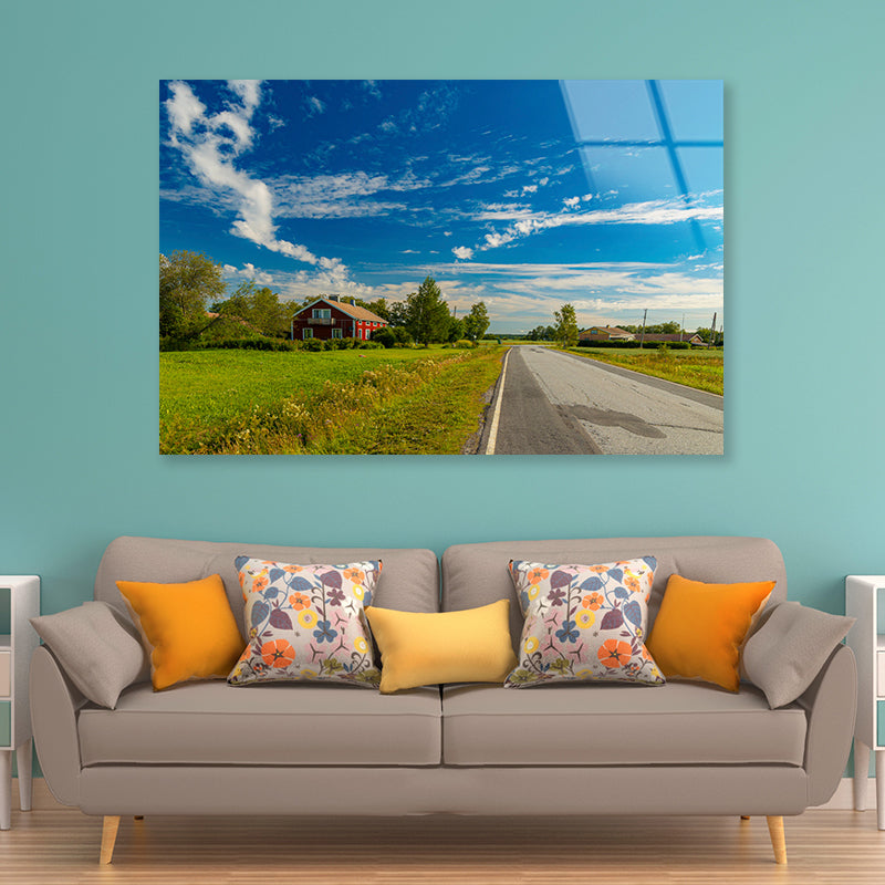 A Rural Road with Grass and Trees under a Cloudy Sky Acrylic Glass Print Tempered Glass Wall Art 100% Made in Australia Ready to Hang