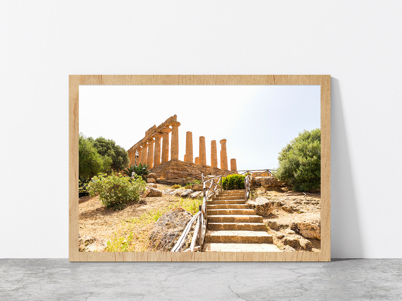 The Temple of Juno In Italy Glass Framed Wall Art, Ready to Hang Quality Print Without White Border Oak