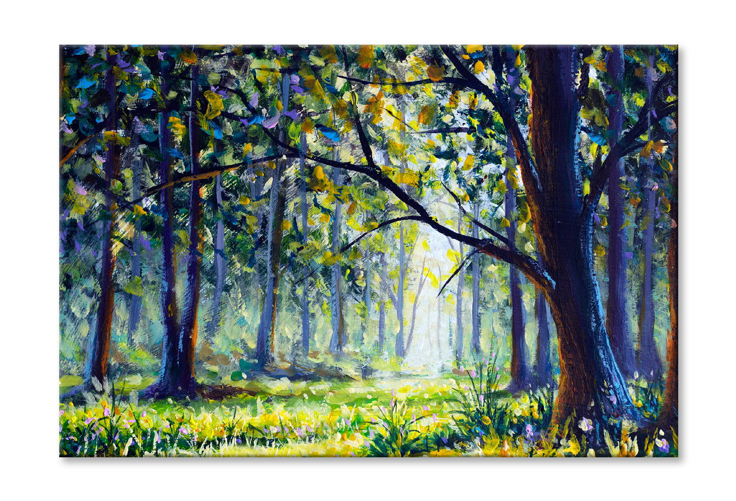 Sun Forest Green Trees Watercolor Painting Wall Art Limited Edition High Quality Print Stretched Canvas None