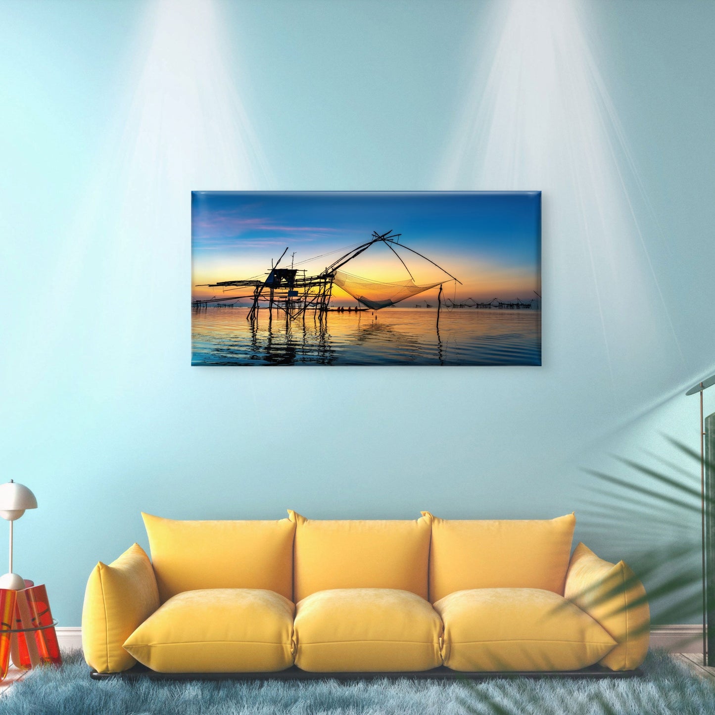 Sunrise Fishing Dip Nets Pakpra Thailand Wall Art Canvas Office Home Room Framed 120x60cm