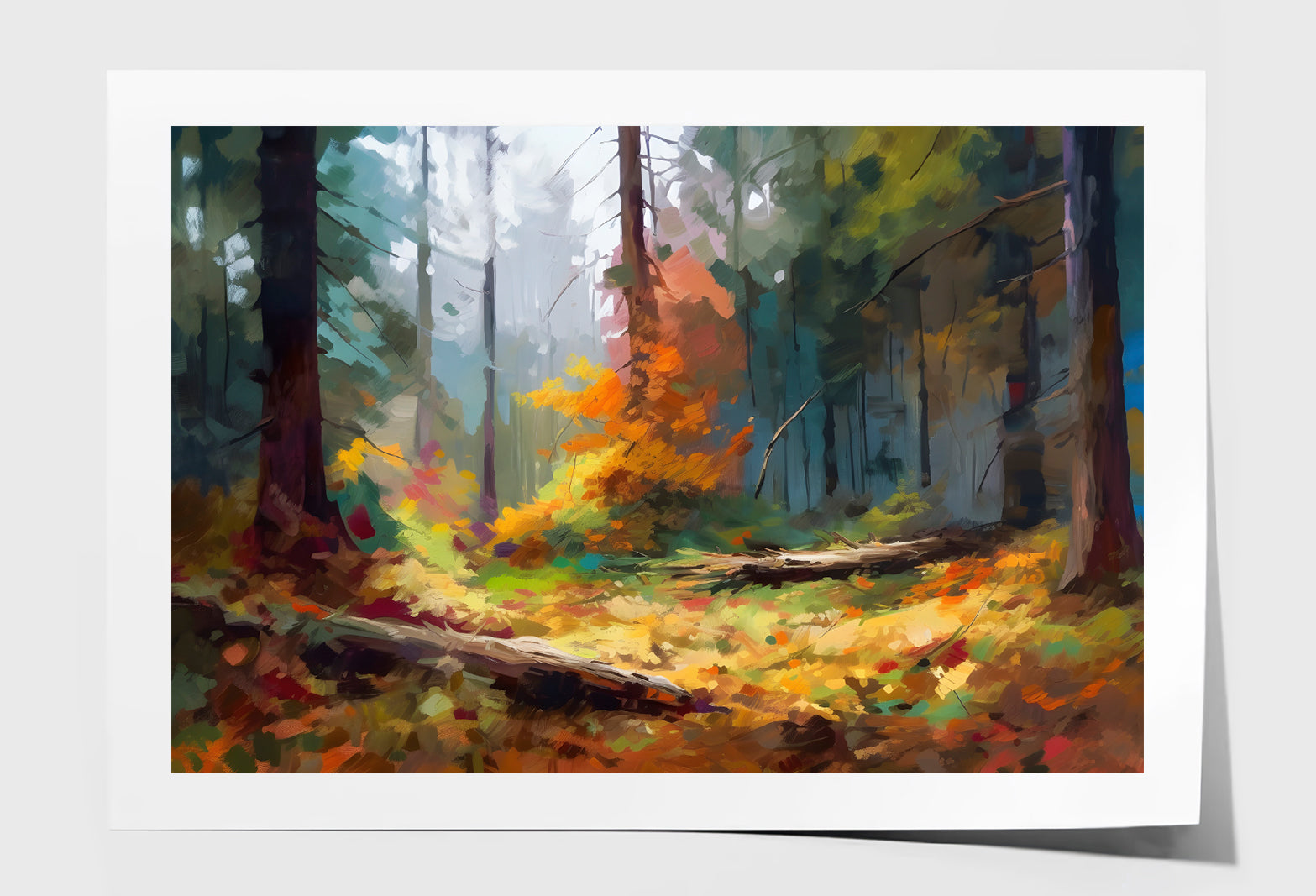 Tree Trunk & Autumn Forest Oil Painting Wall Art Limited Edition High Quality Print Unframed Roll Canvas None