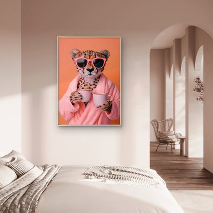 Modern Elegant Cheetah with Pink Glasses & Coffee Cup Fashion Home Decor Premium Quality Poster Print Choose Your Sizes