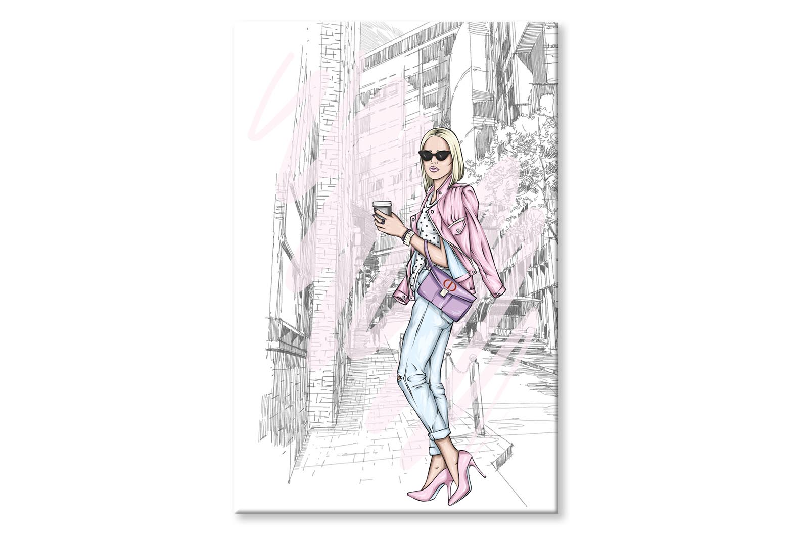 Pink Girl With Fashion Store Wall Art Limited Edition High Quality Print Stretched Canvas None