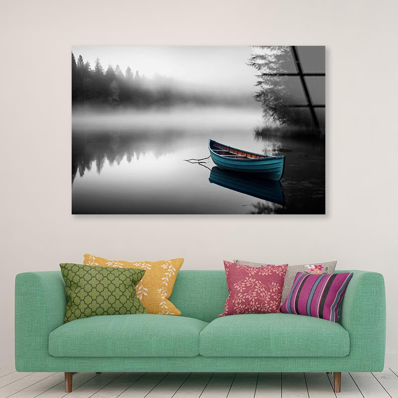 Boat In a Pristine Lake on A Foggy Morning Acrylic Glass Print Tempered Glass Wall Art 100% Made in Australia Ready to Hang