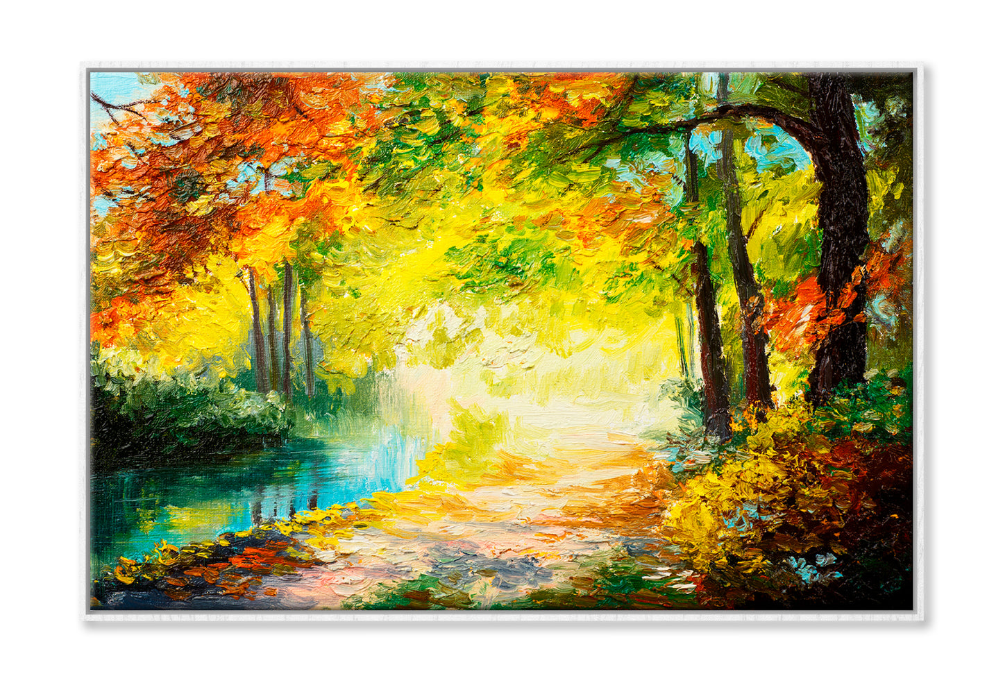 River In A Autumn Colorful Forest Oil Painting Wall Art Limited Edition High Quality Print Canvas Box Framed White