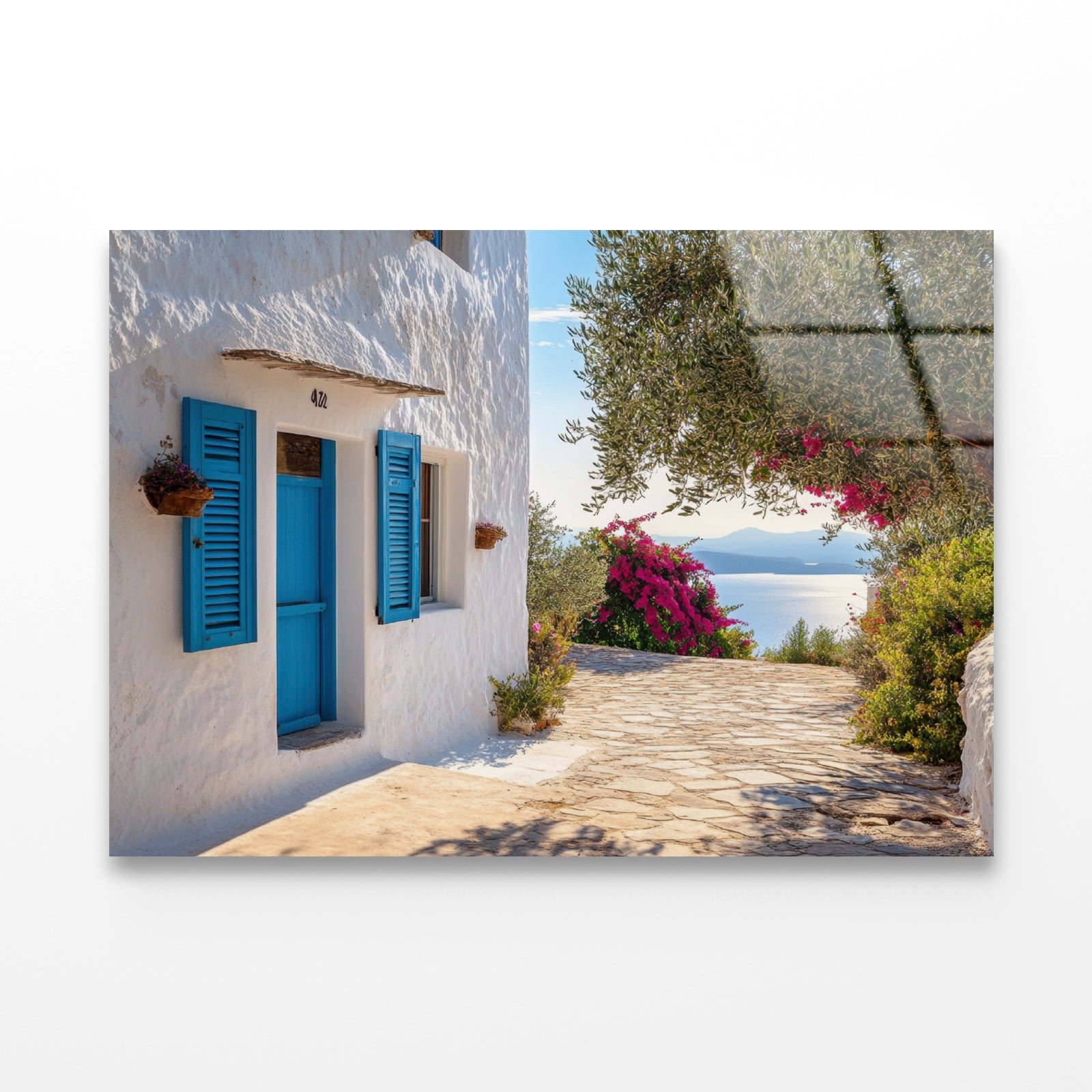 White Building with Blue Shutters Acrylic Glass Print Tempered Glass Wall Art 100% Made in Australia Ready to Hang - Bella Home Decor