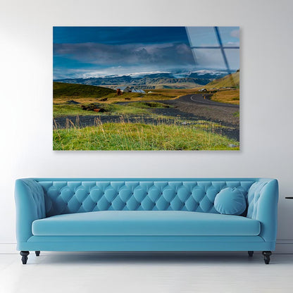 Green Grass Lands with Mountains Acrylic Glass Print Tempered Glass Wall Art 100% Made in Australia Ready to Hang