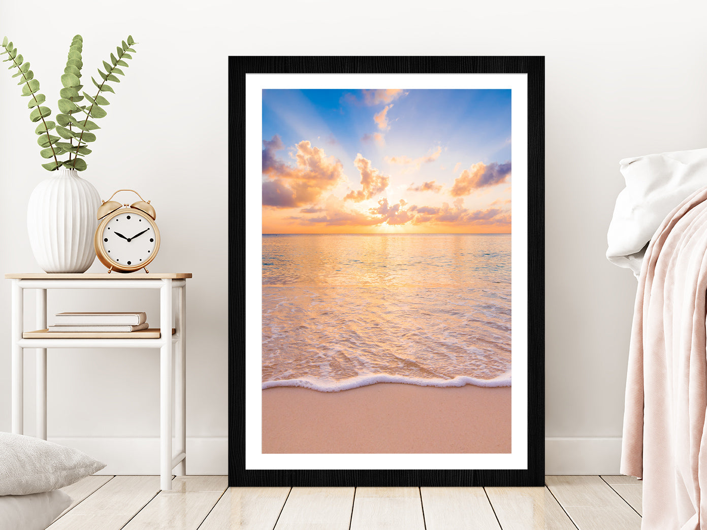 Sunset Sky Beach & Seawaves Photograph Glass Framed Wall Art, Ready to Hang Quality Print With White Border Black