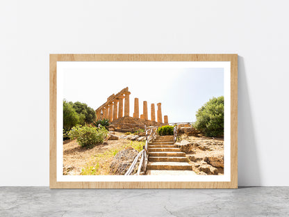 The Temple of Juno In Italy Glass Framed Wall Art, Ready to Hang Quality Print With White Border Oak