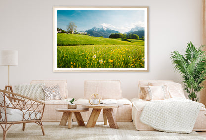 Blooming Meadows with Mountains in springtime Home Decor Premium Quality Poster Print Choose Your Sizes