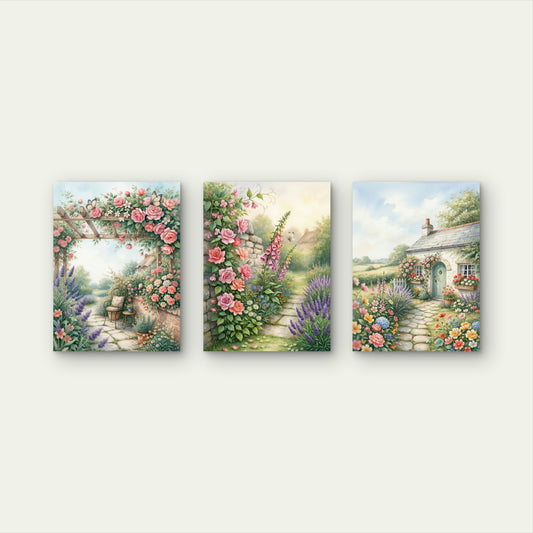 3pcs Vintage Flower House Country Scene Painting Wall Art Set Canvas Framed 40x60cm - High Quality Print 100% Australian Made Wall Canvas Ready to Hang