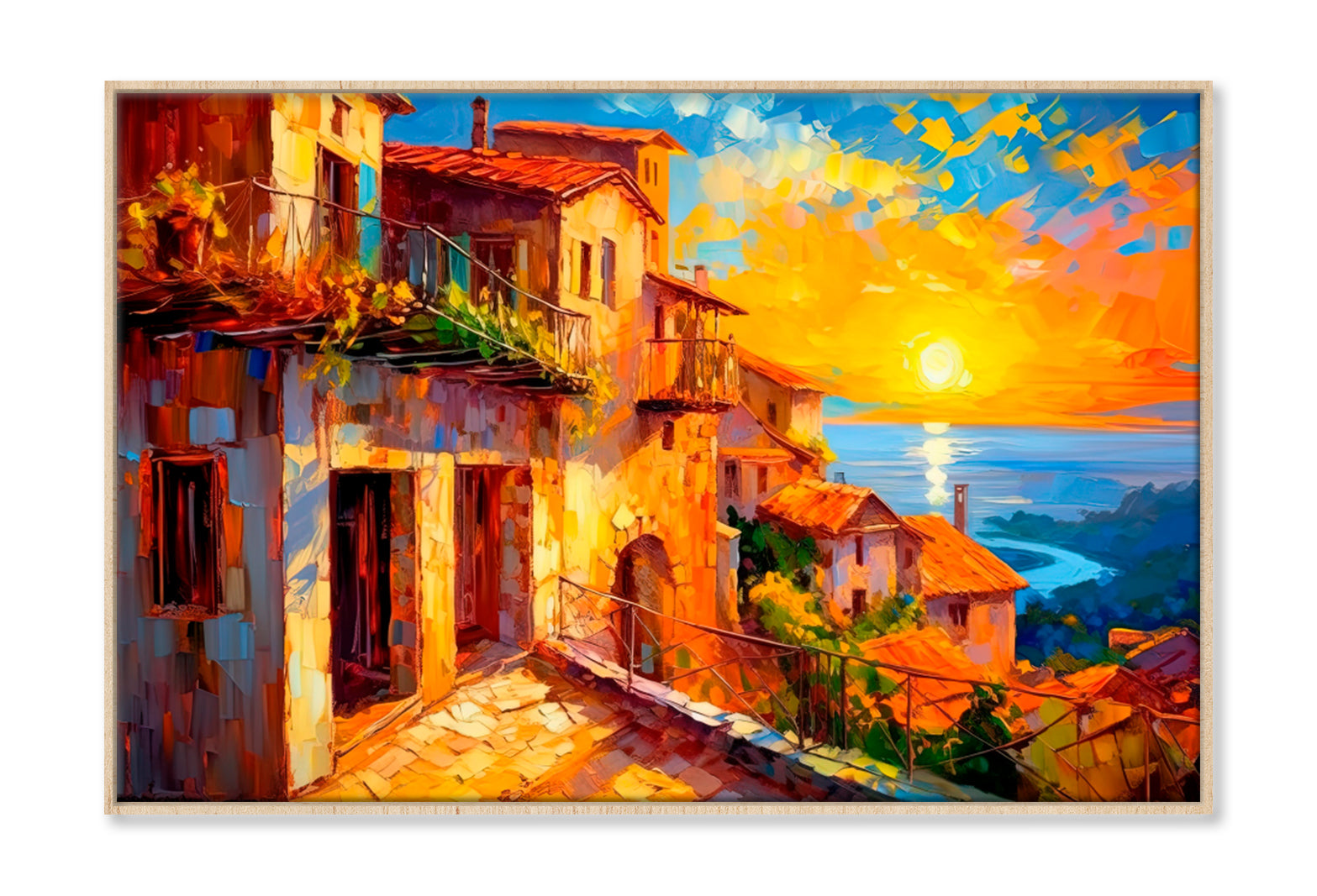 Mediterranean Coastal Town Oil Painting Wall Art Limited Edition High Quality Print Canvas Box Framed Natural