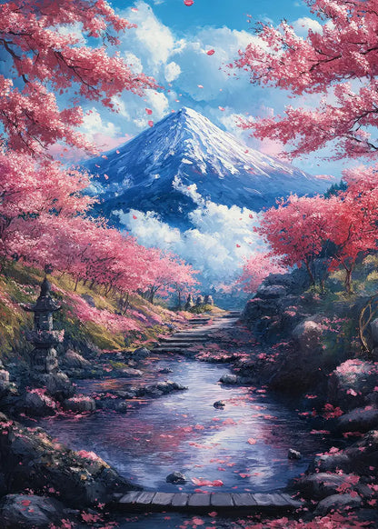 Fuji Mountain Pink Cherry Blossom Path  40x60cm Metal Print Ready to Hang