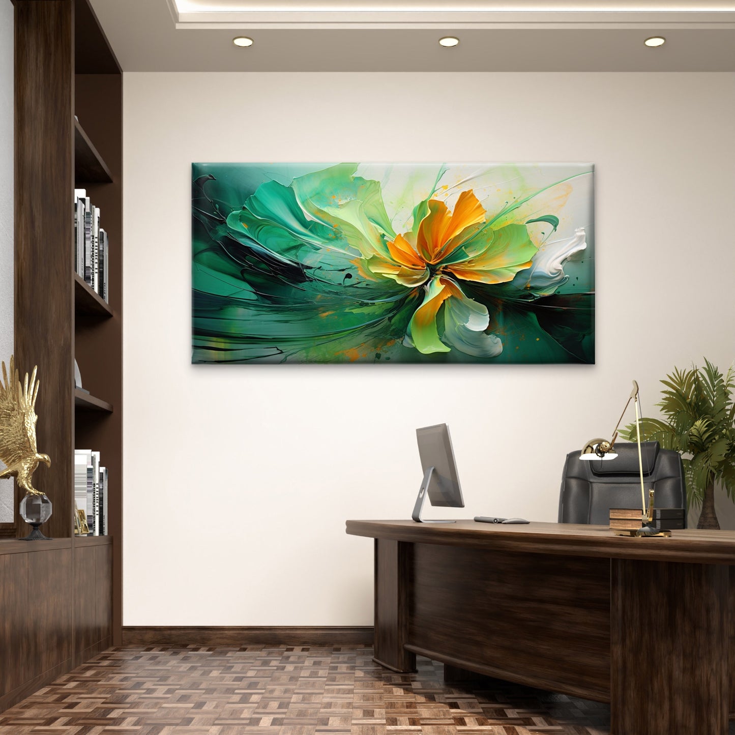 Abstract Green Gold Flower Wall Art Canvas Office Home Room Framed 120x60cm - Bella Home Decor