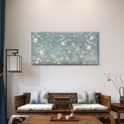 Blue Chinoiserie Bird Floral Wall Art Canvas Office Home Room Framed 120x60cm
