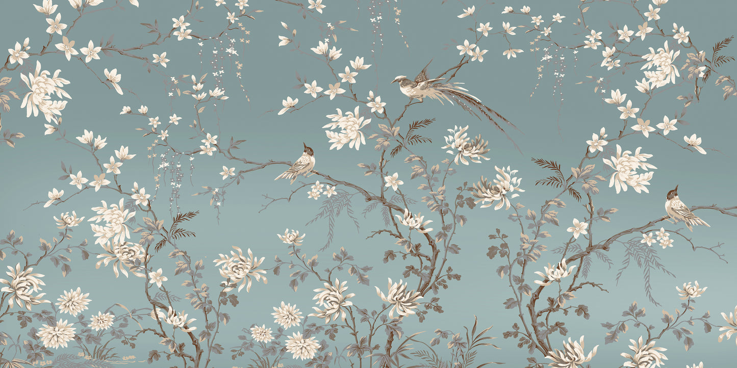 Blue Chinoiserie Bird Floral Wall Art Canvas Office Home Room Framed 120x60cm