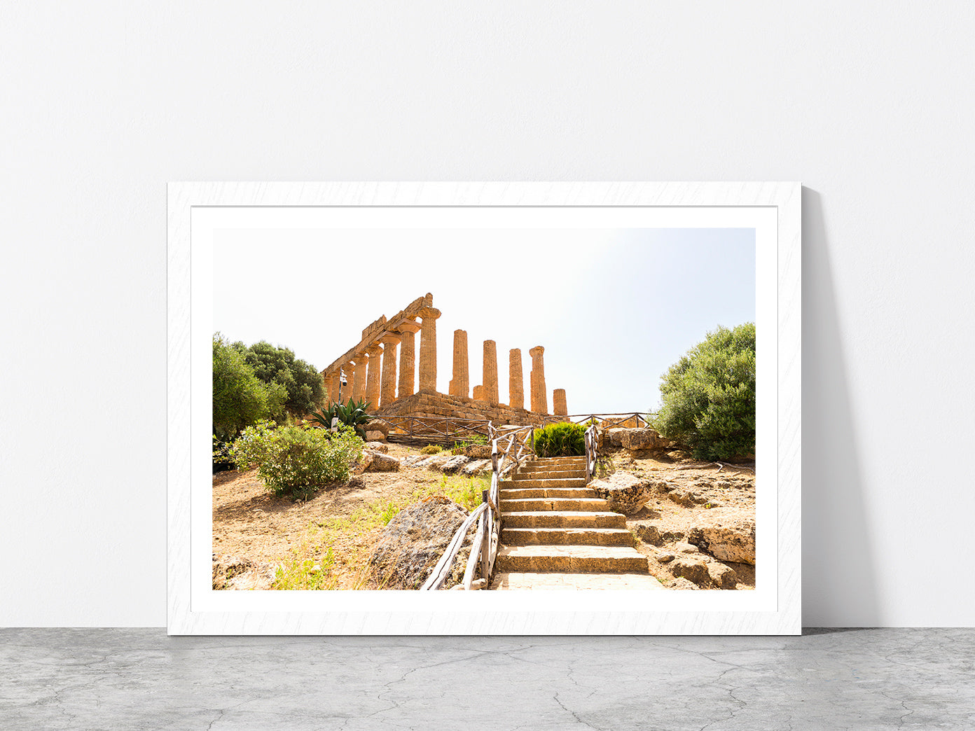 The Temple of Juno In Italy Glass Framed Wall Art, Ready to Hang Quality Print With White Border White