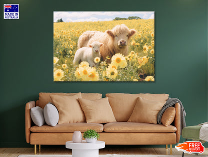 Two Baby Cows Standing In a Field Of Yellow Flowers 90x60cm Print 100% Australian Made