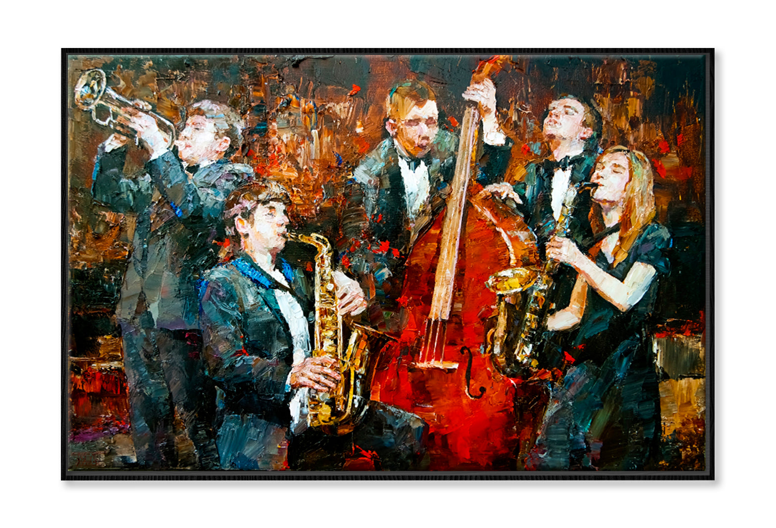 Stylish Jazz Band Playing Music Oil Painting Wall Art Limited Edition High Quality Print Canvas Box Framed Black