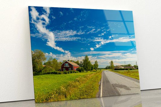 A Rural Road with Grass and Trees under a Cloudy Sky Acrylic Glass Print Tempered Glass Wall Art 100% Made in Australia Ready to Hang