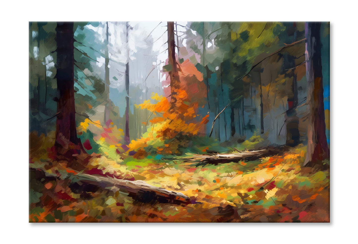 Tree Trunk & Autumn Forest Oil Painting Wall Art Limited Edition High Quality Print Stretched Canvas None