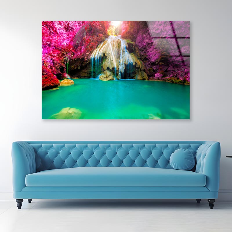 Wonderful Waterfall with Colorful Tree in Thailand Acrylic Glass Print Tempered Glass Wall Art 100% Made in Australia Ready to Hang - Bella Home Decor