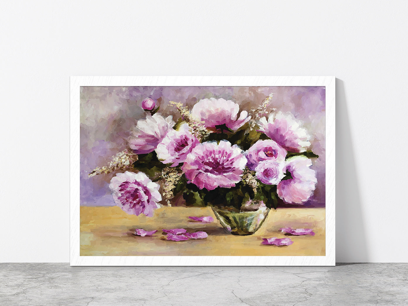 Flower Vase & Flower Petals Lay On The Table Glass Framed Wall Art, Ready to Hang Quality Print Without White Border White