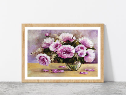 Flower Vase & Flower Petals Lay On The Table Glass Framed Wall Art, Ready to Hang Quality Print With White Border Oak