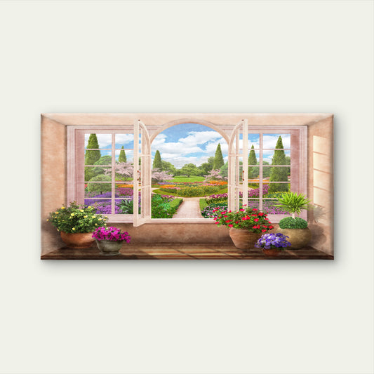 Greece Open Window Garden Wall Art Canvas Office Home Room Framed 120x60cm