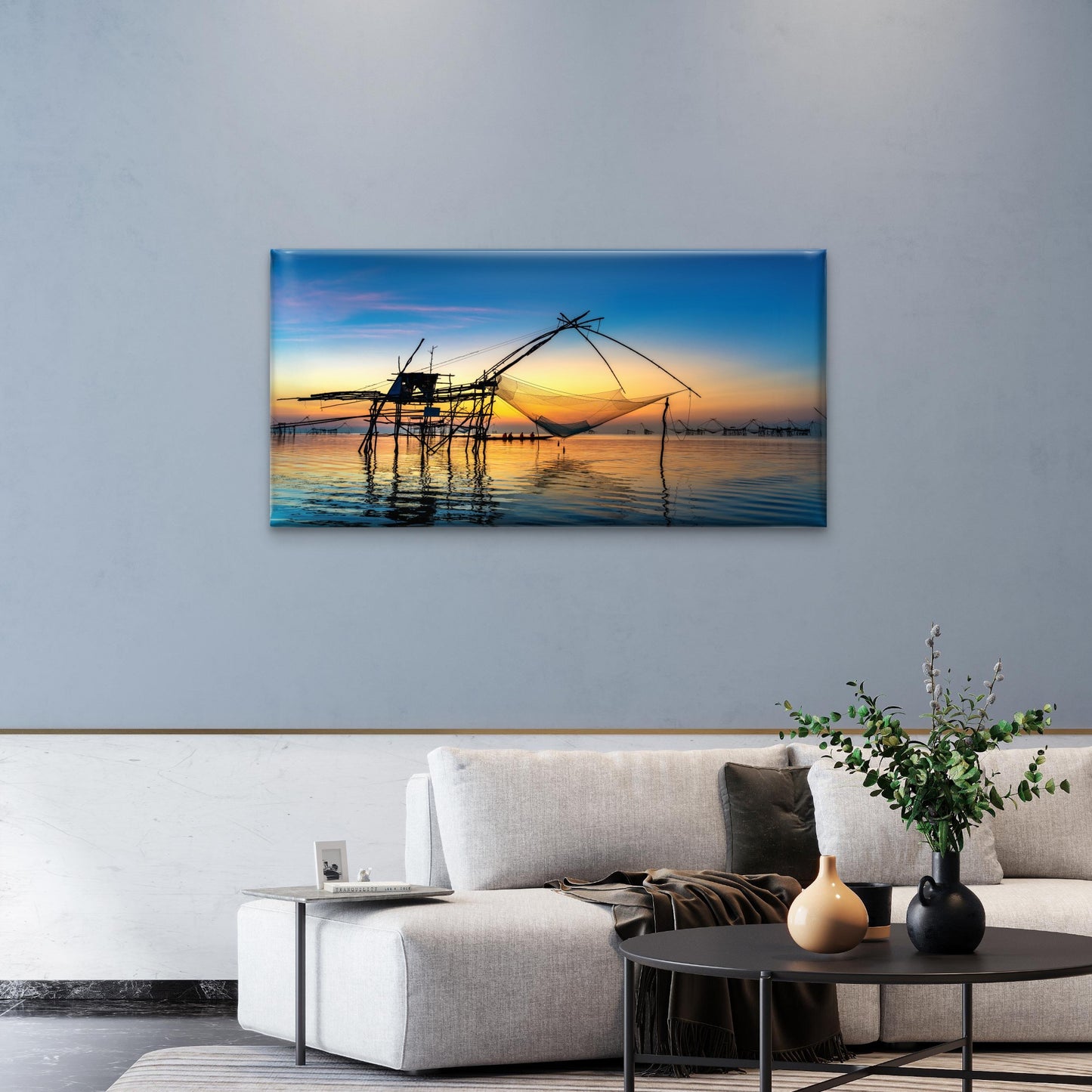Sunrise Fishing Dip Nets Pakpra Thailand Wall Art Canvas Office Home Room Framed 120x60cm