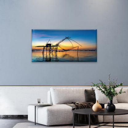 Sunrise Fishing Dip Nets Pakpra Thailand Wall Art Canvas Office Home Room Framed 120x60cm