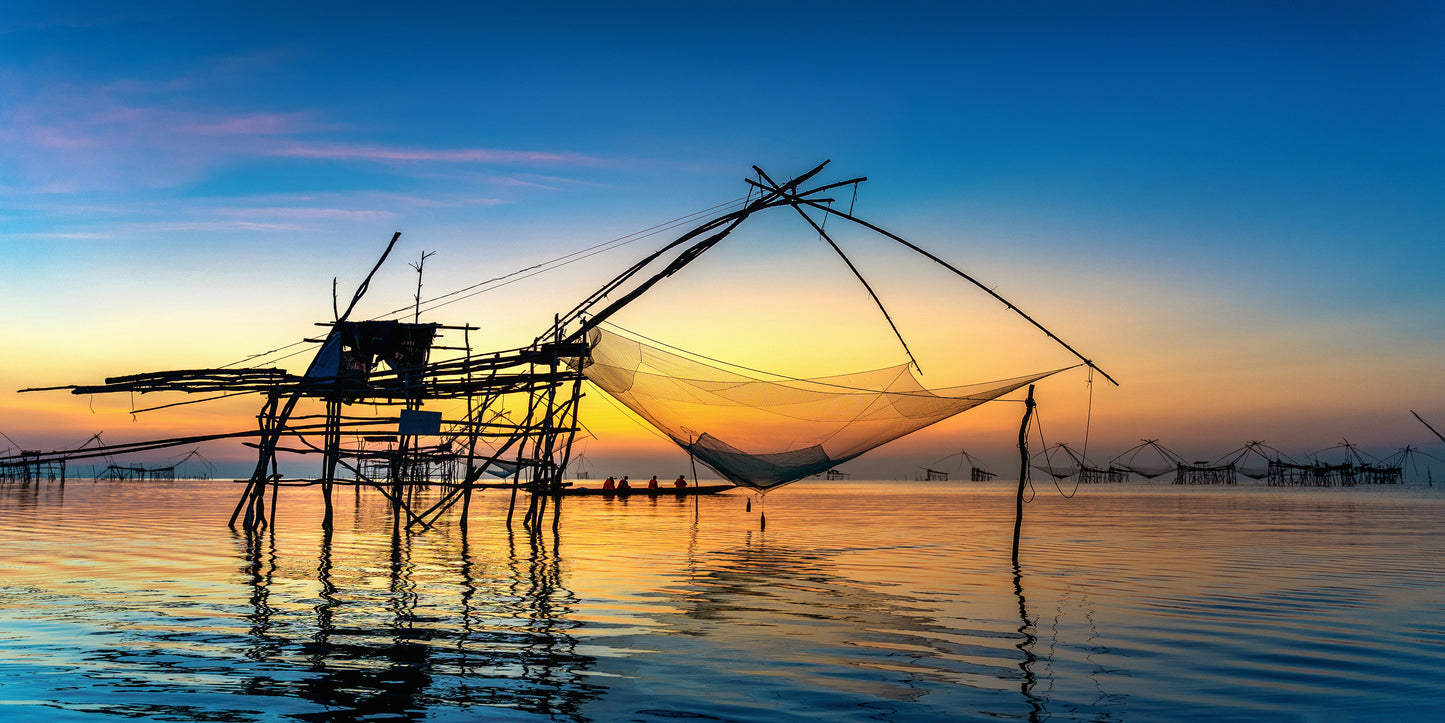 Sunrise Fishing Dip Nets Pakpra Thailand Wall Art Canvas Office Home Room Framed 120x60cm