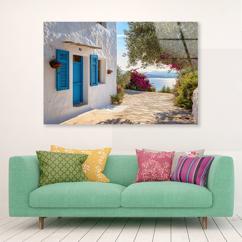 White Building with Blue Shutters Acrylic Glass Print Tempered Glass Wall Art 100% Made in Australia Ready to Hang - Bella Home Decor