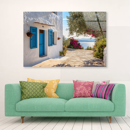 White Building with Blue Shutters Acrylic Glass Print Tempered Glass Wall Art 100% Made in Australia Ready to Hang - Bella Home Decor