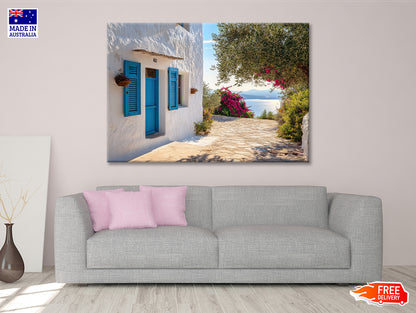 White Building with Blue Shutters Print 100% Australian Made - Bella Home Decor