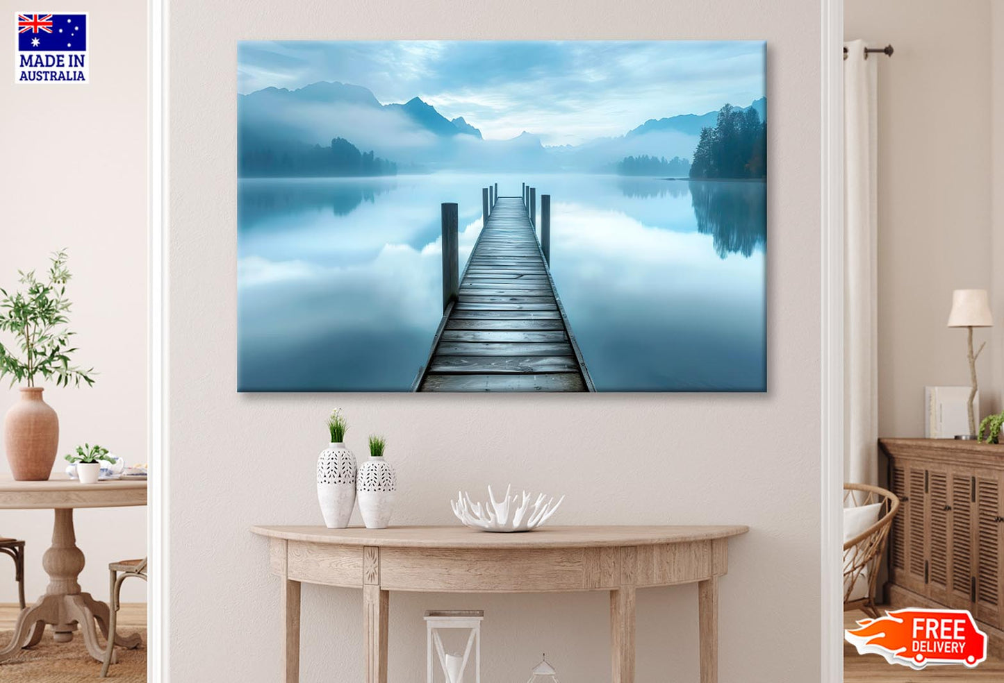 Dock On a Lake with Mountains in The Background Wall Art Decor 100% Australian Made