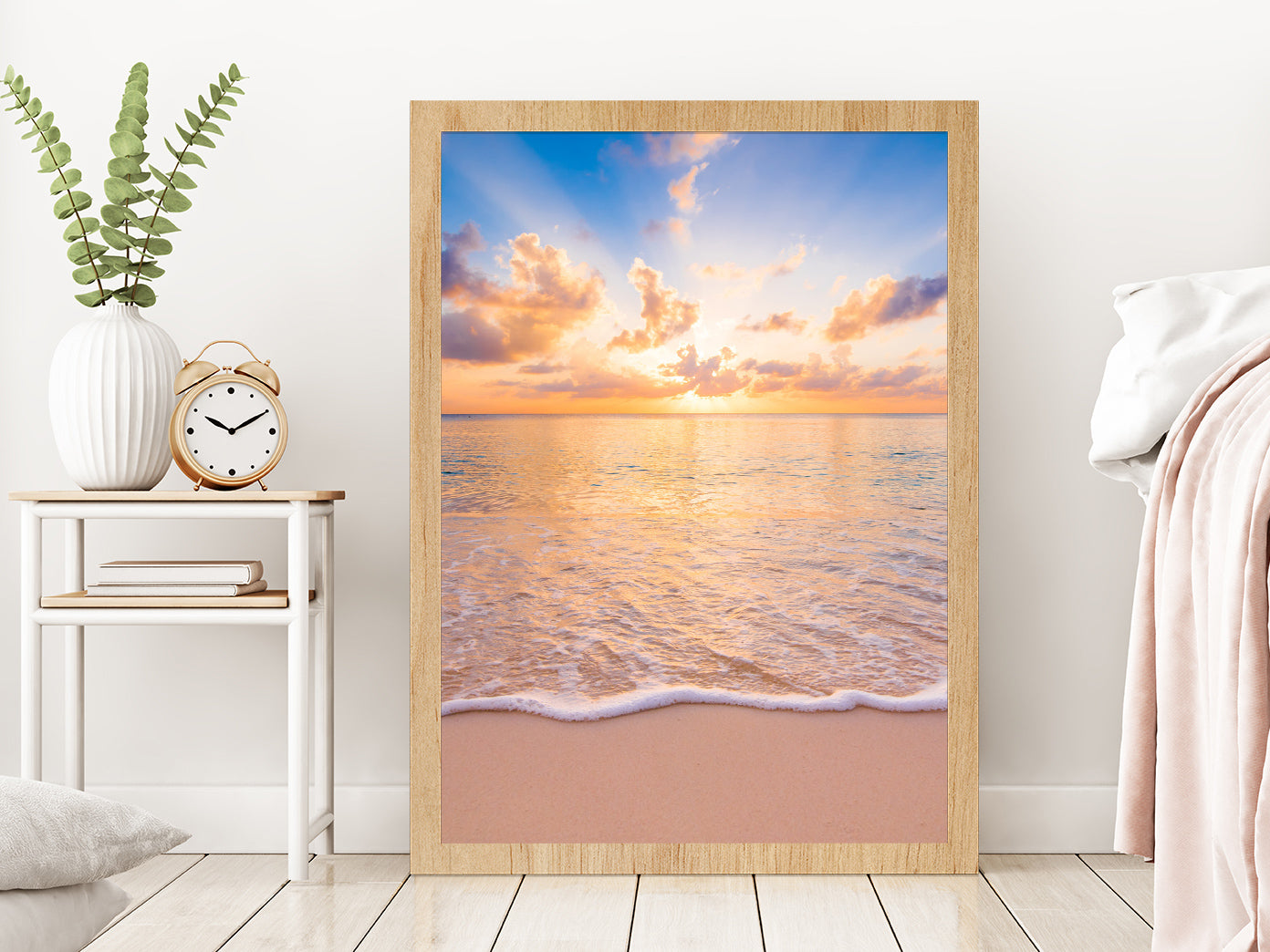 Sunset Sky Beach & Seawaves Photograph Glass Framed Wall Art, Ready to Hang Quality Print Without White Border Oak