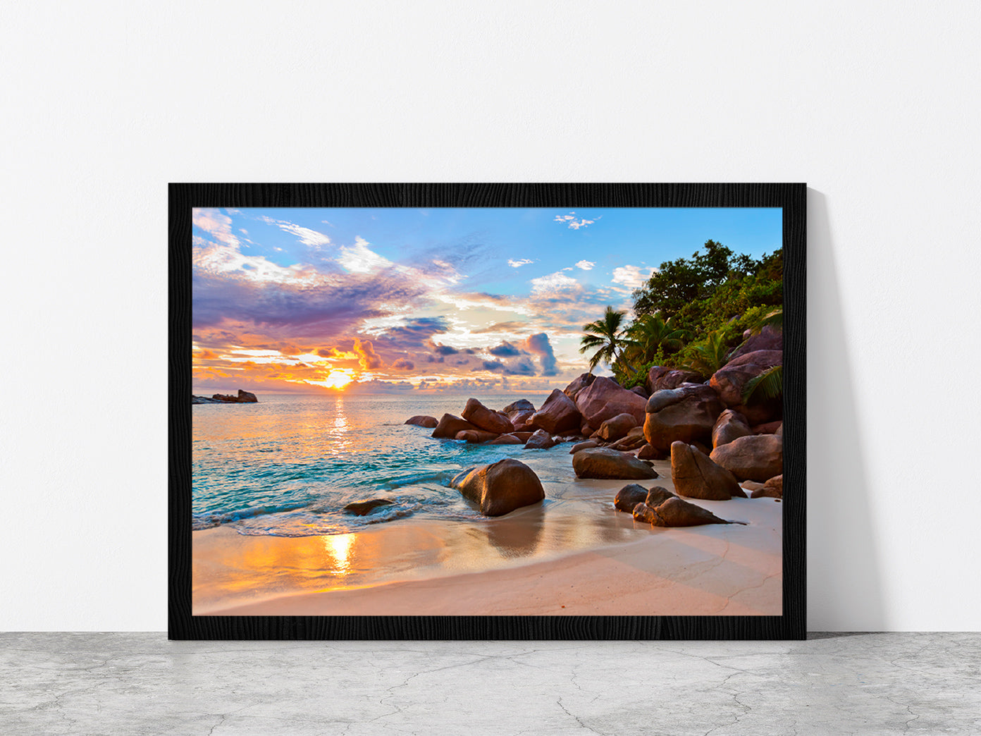 Seychelles Beach At Sunset Glass Framed Wall Art, Ready to Hang Quality Print Without White Border Black